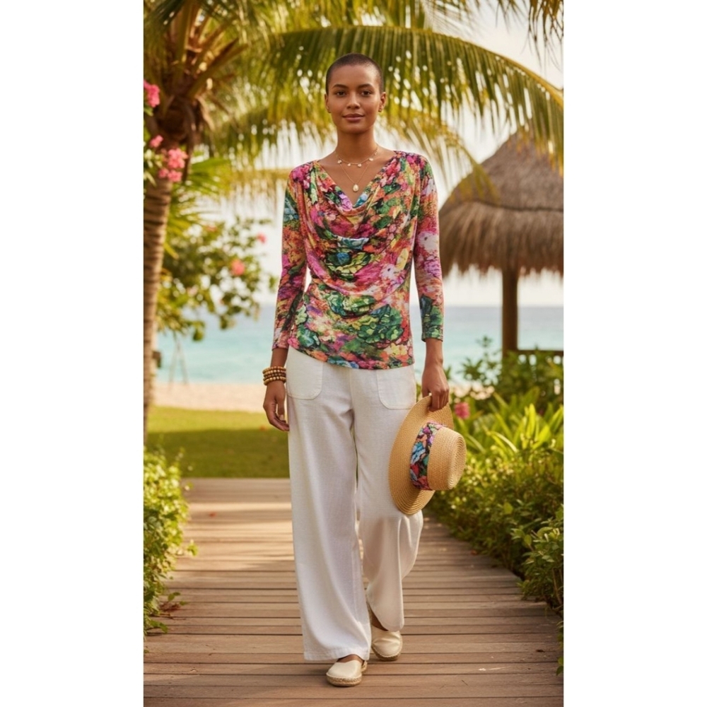 Juliette Floral Resort Watercolor Cowl Neck Blouse – Size M EUC